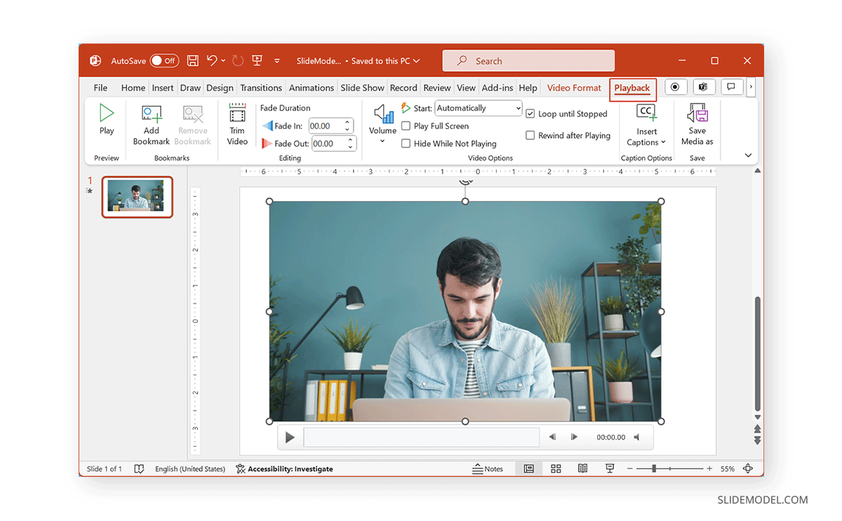 Playback tab in PowerPoint