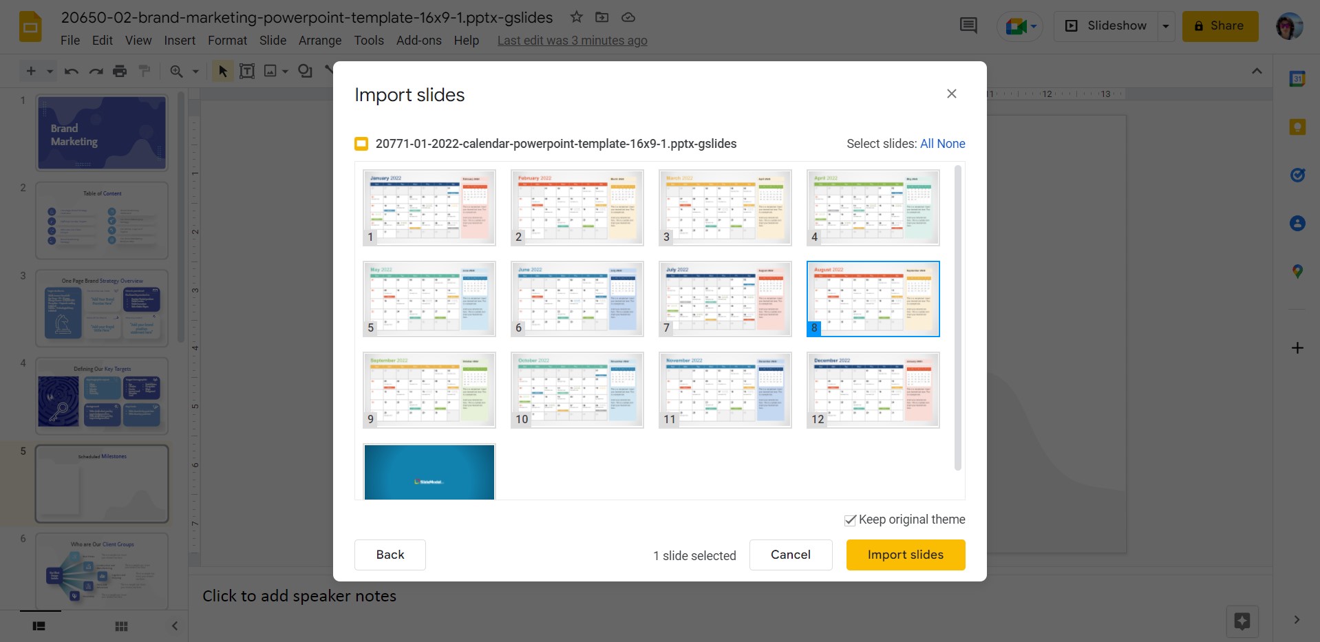 sélection de la diapositive de calendrier à importer dans Google Slides