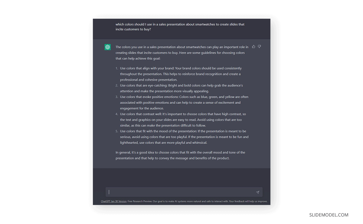 Output about selecting colors for slides in a smartwatch presentation by ChatGPT