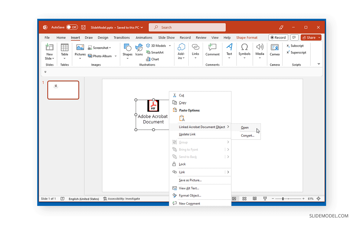 Ouvrir le PDF à partir de l'icône dans PowerPoint à l'aide du menu contextuel