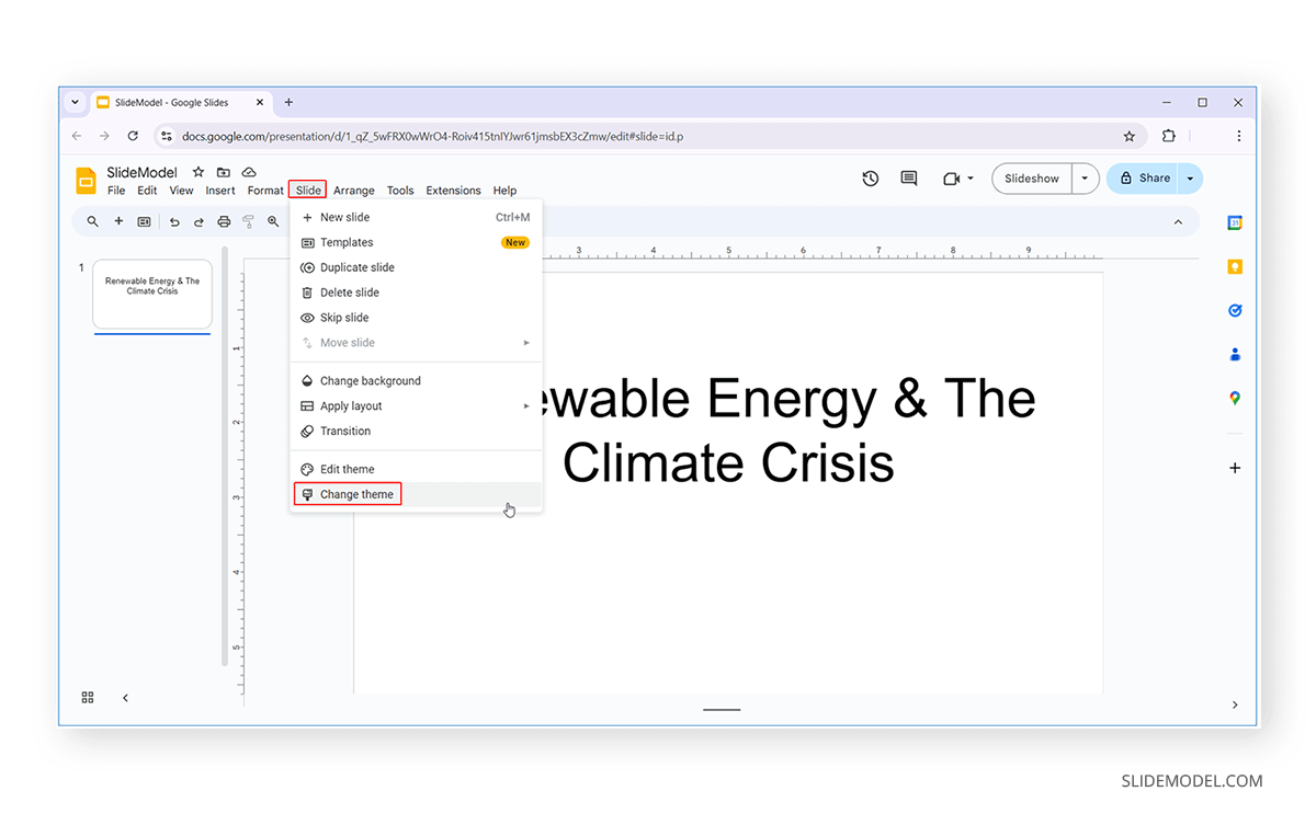 Browsing options to change a theme in Google Slides