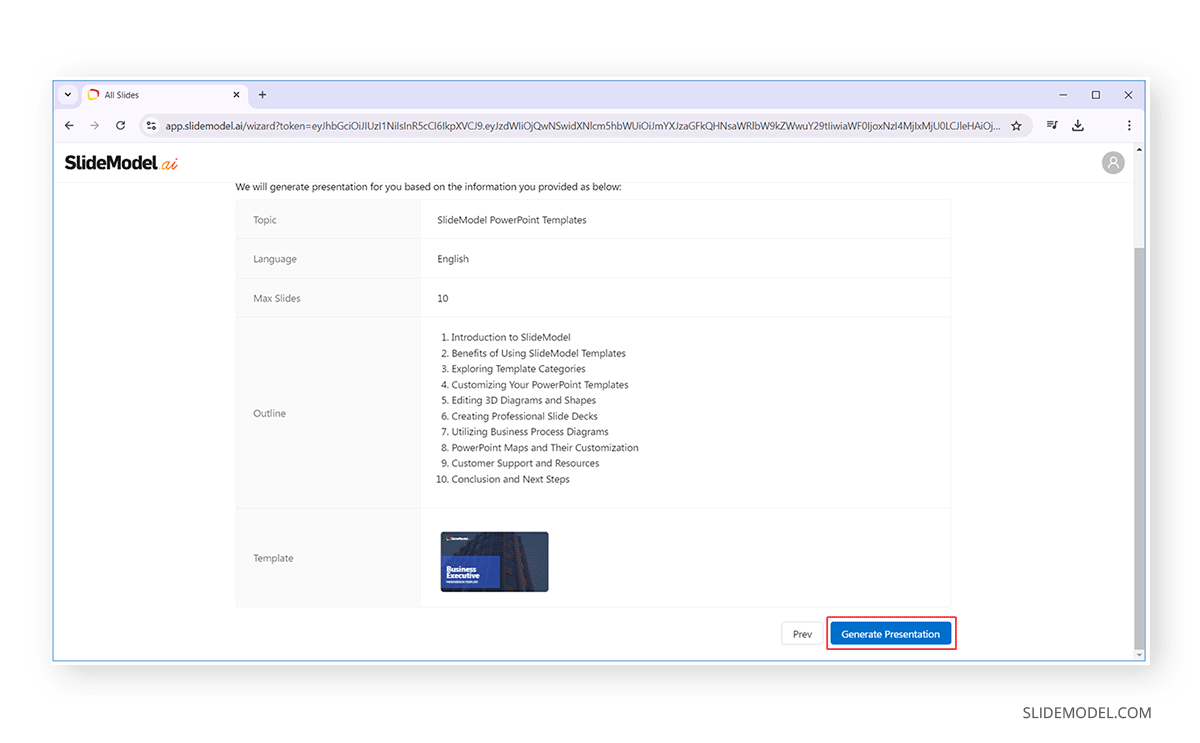 Review details and generate a presentation with SlideModel AI