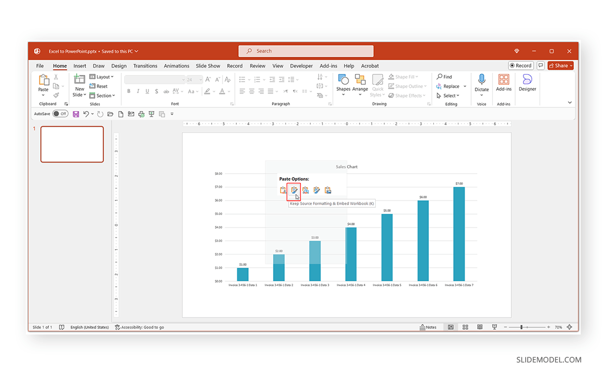 Pasting Excel chart in PowerPoint using Keep Source Formatting