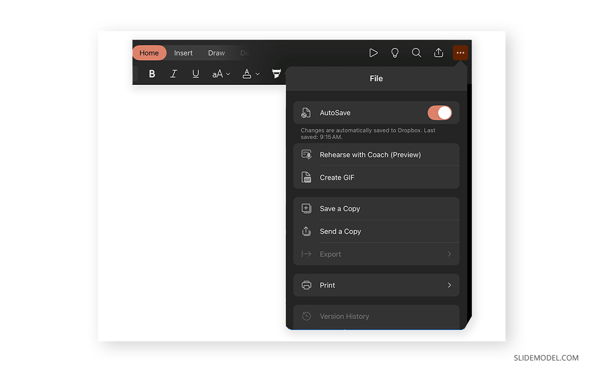 Accessing contextual menu for rehearsal coach PowerPoint for iPad