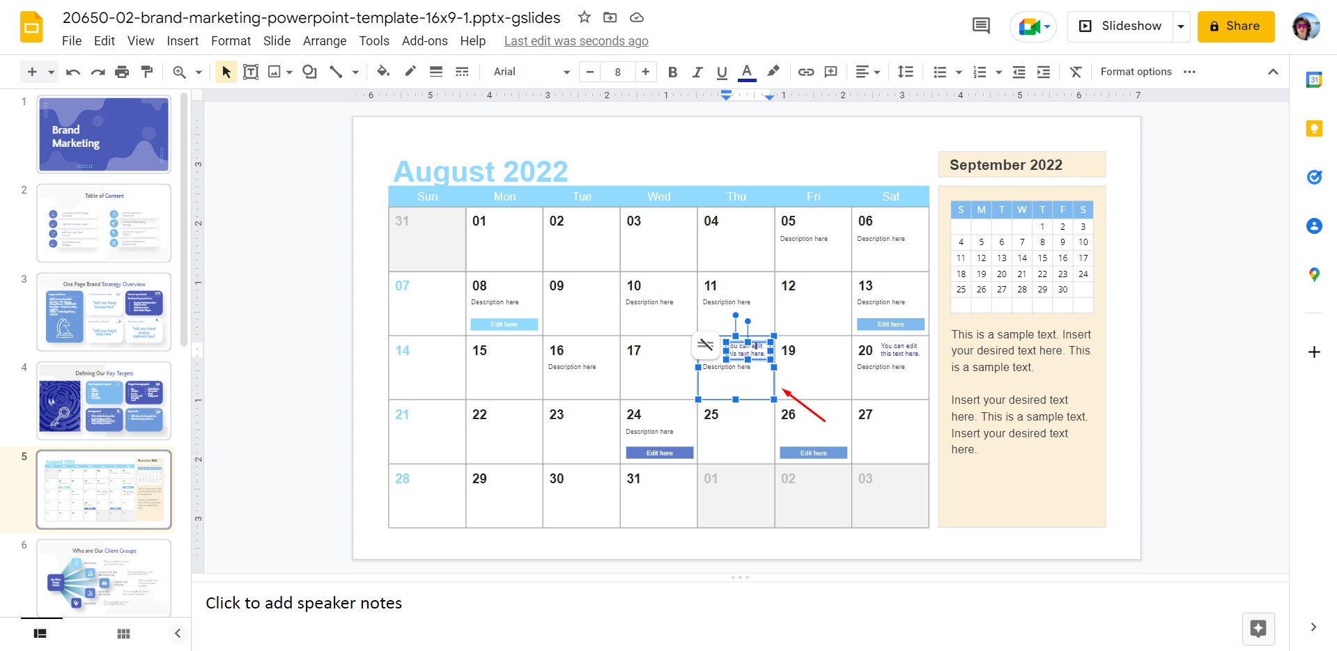 Modification d'un calendrier importé dans Google Slides