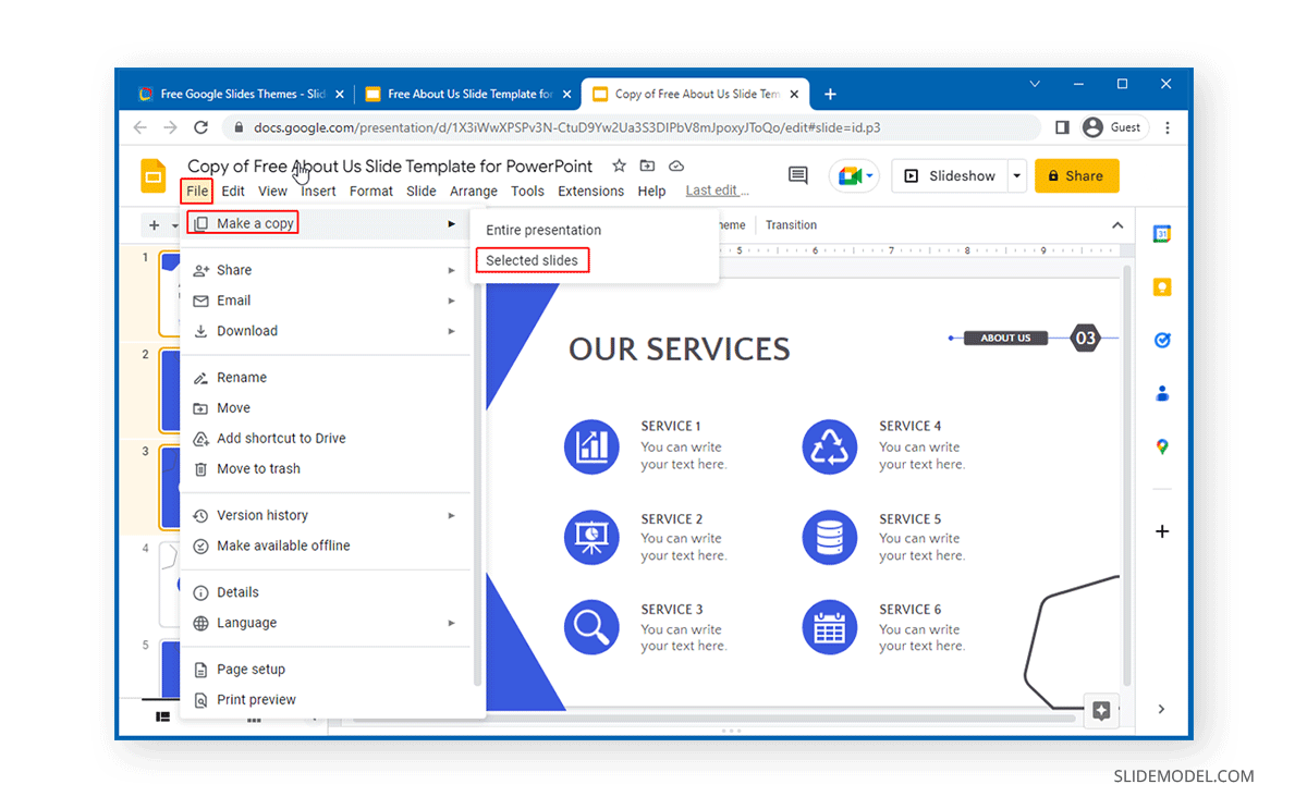 Copying selected slides in Google Slides