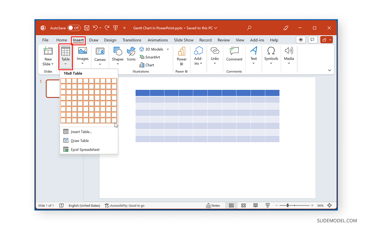 Insert table in PowerPoint