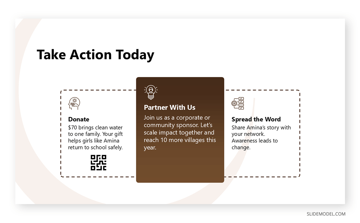 Example of a call to action slide for a nonprofit presentation