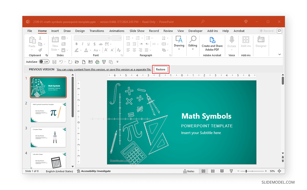 Restoring a different version of a PPT document