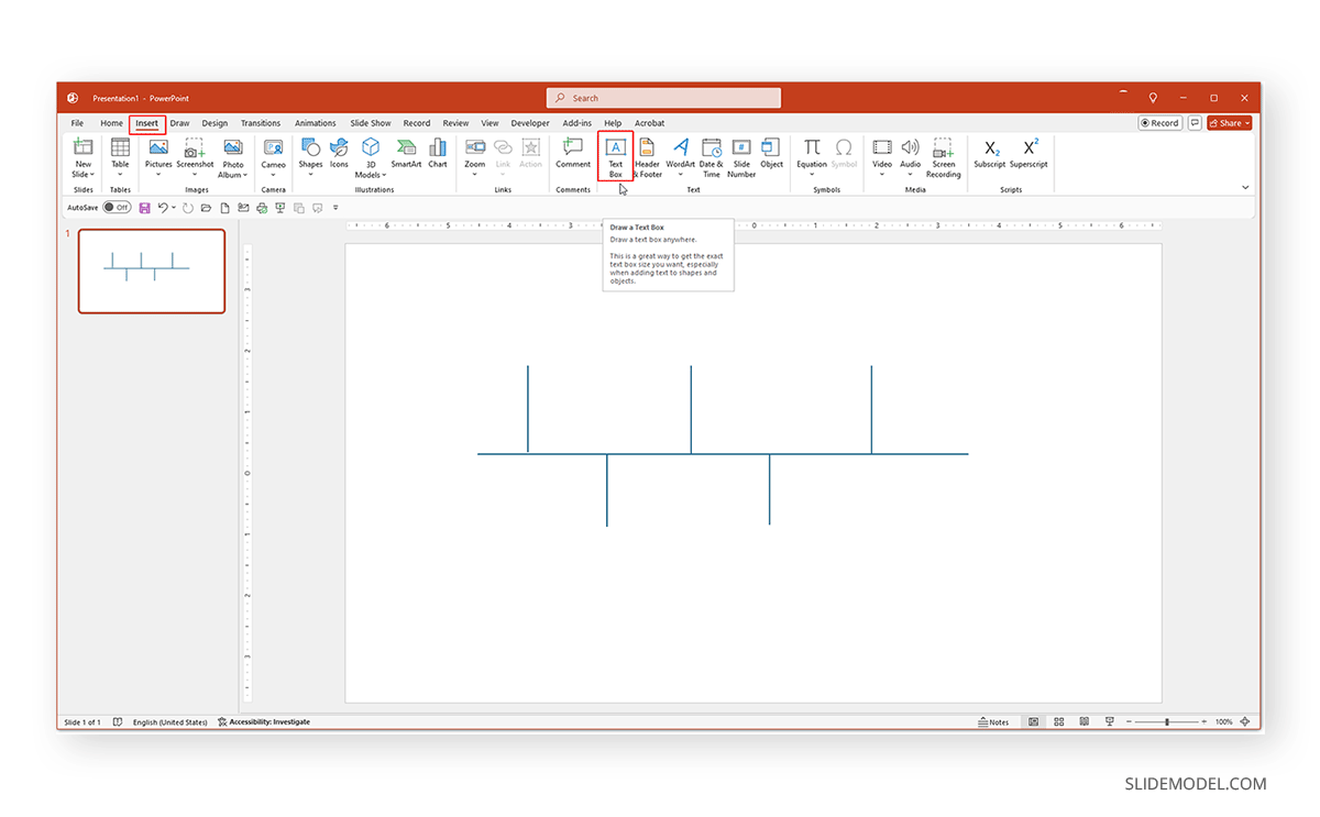 Structure of a timeline using PowerPoint line shapes