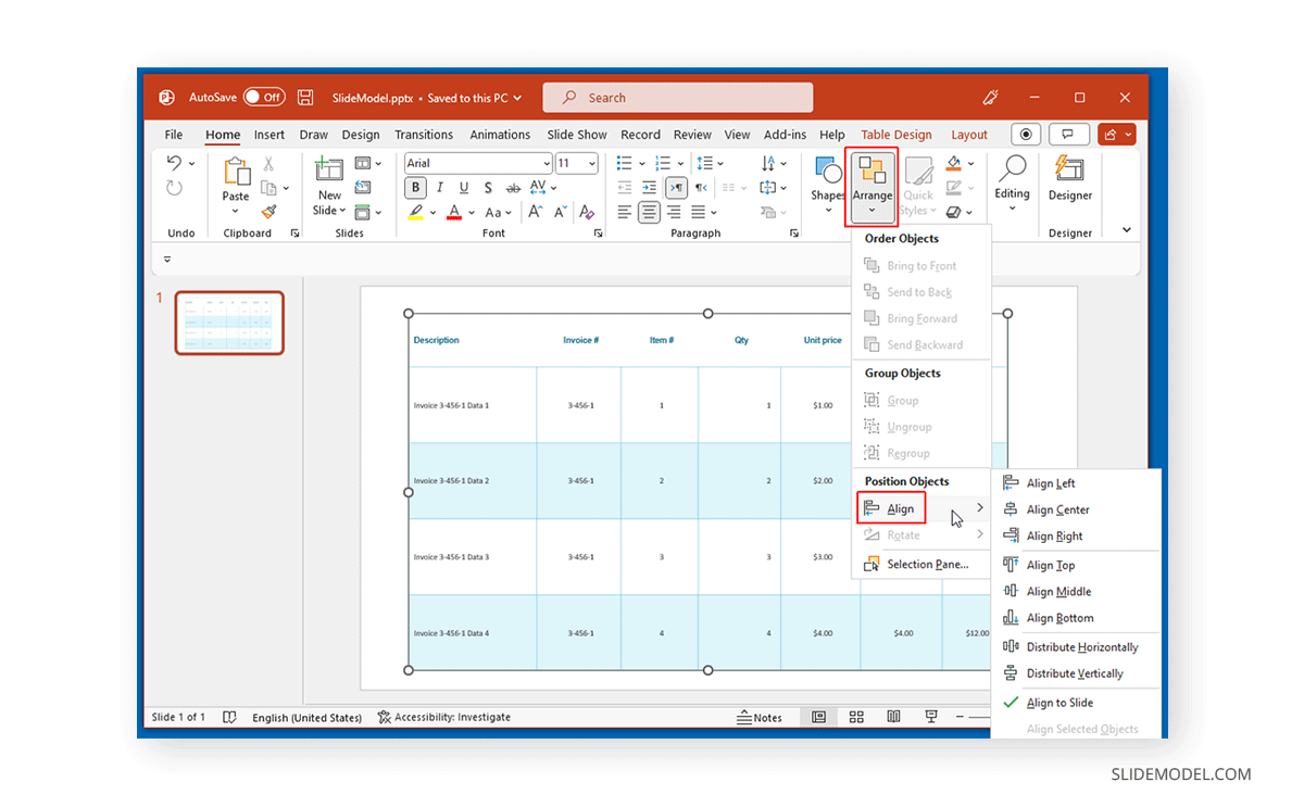 Aligner un tableau PowerPoint à partir du menu Organiser