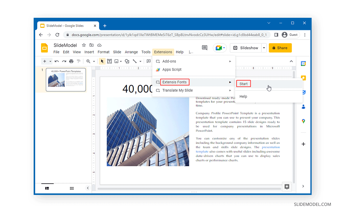 Démarrer l'extension Extensis Font dans Google Slides