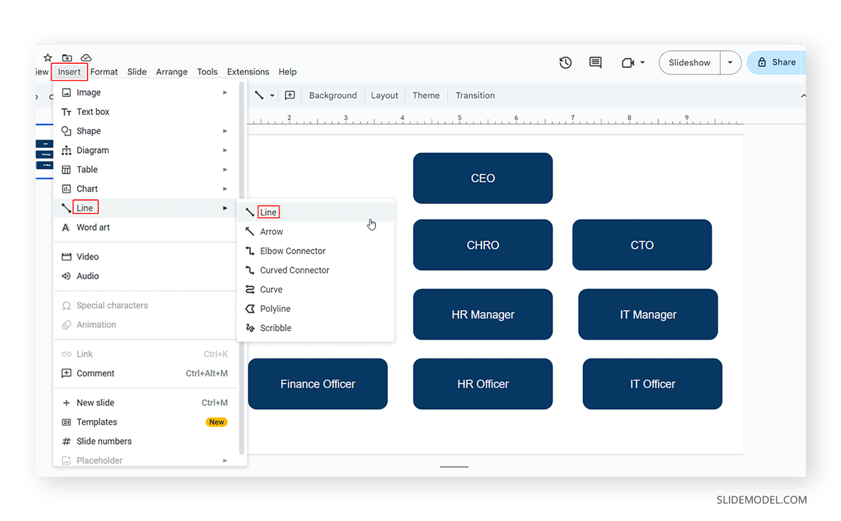 Inserting connector lines to Google Slides org charts