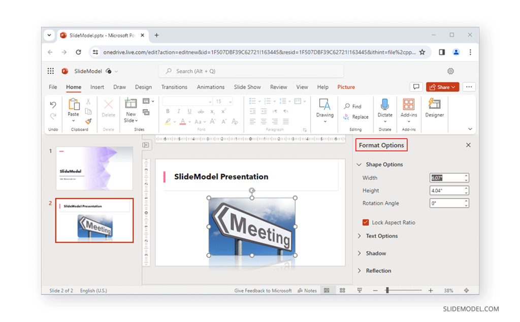 Format sizing options in PowerPoint Online for Videos