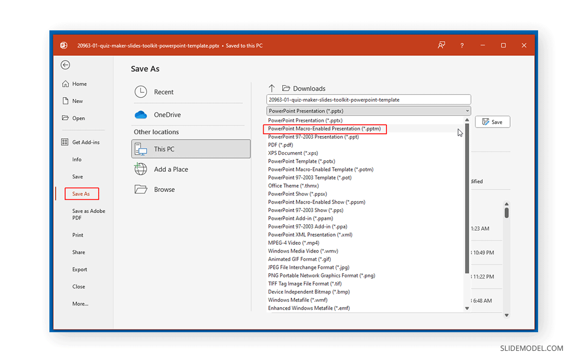 Export presentation to PPTM format