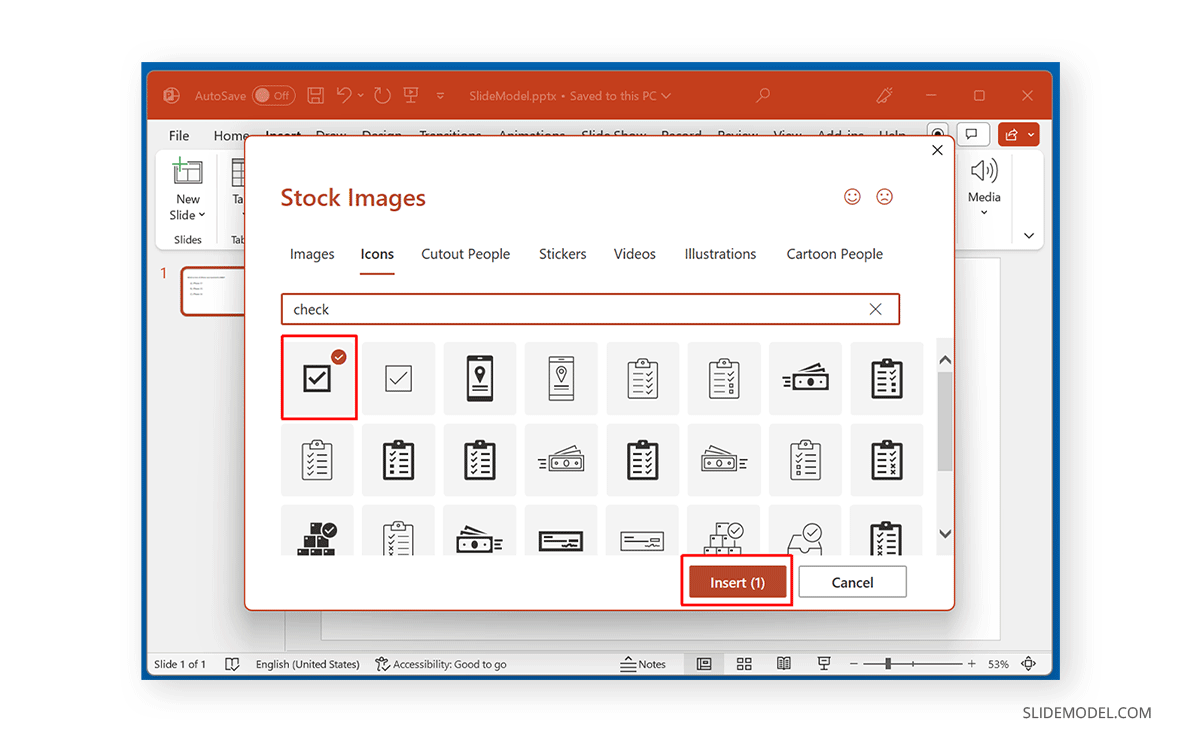 Checkmark icon from Stock Images in PowerPoint