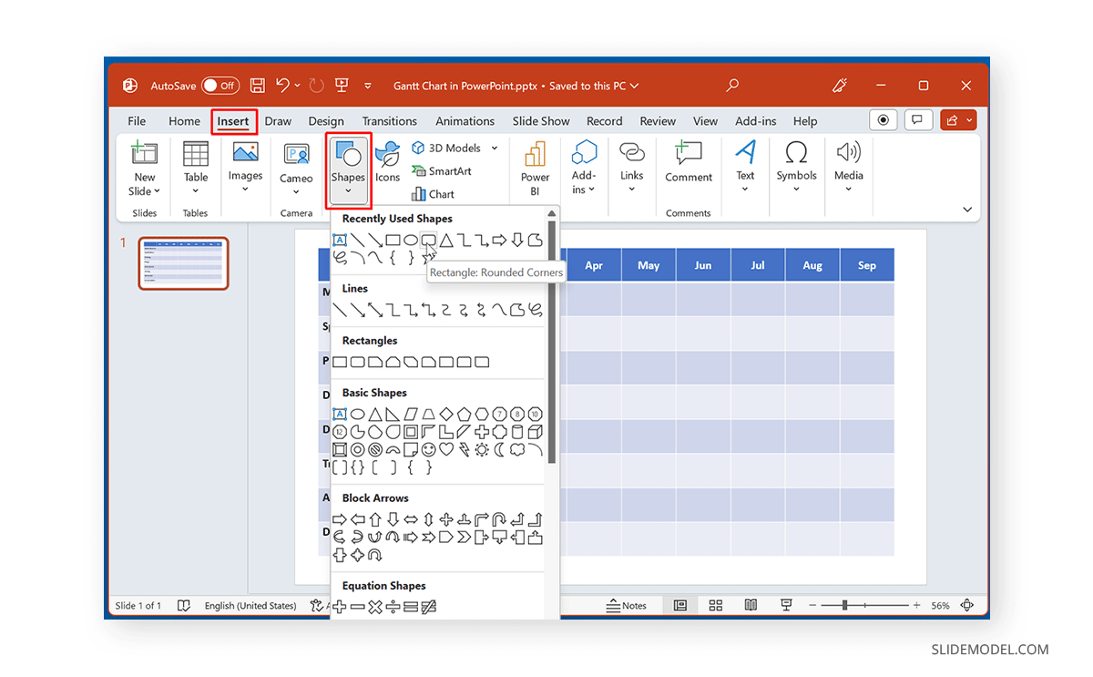 Insert shapes in PowerPoint