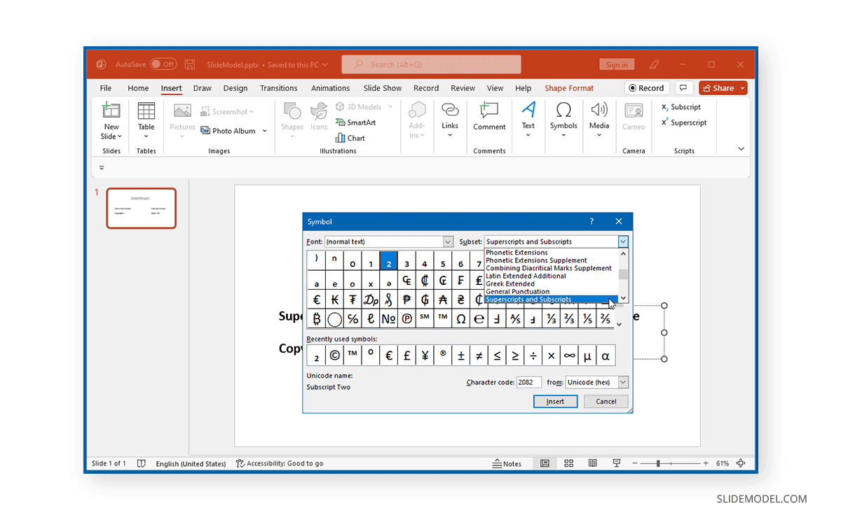 Recherche d'indices et d'exposants dans les symboles de PowerPoint