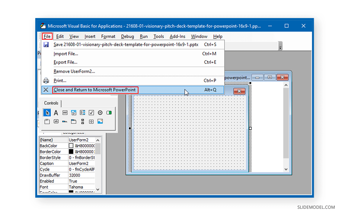 Close Visual Basic and return to PowerPoint