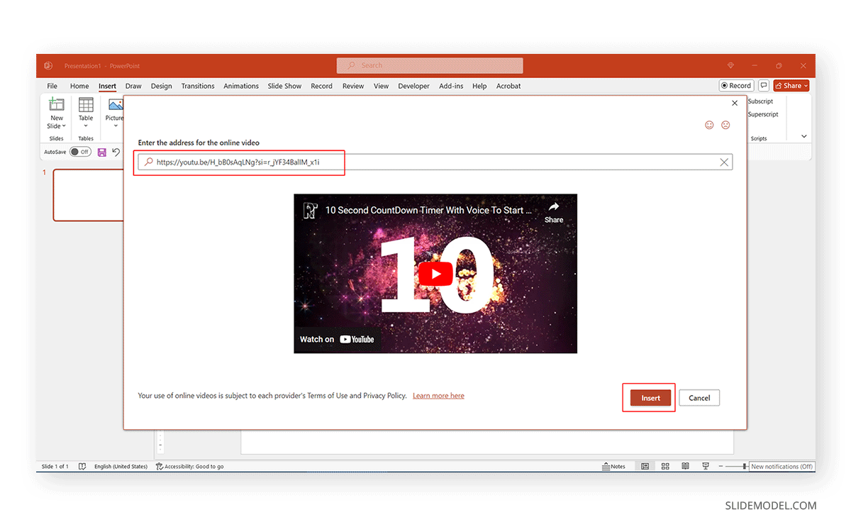 Pasting the address for the countdown video in PowerPoint