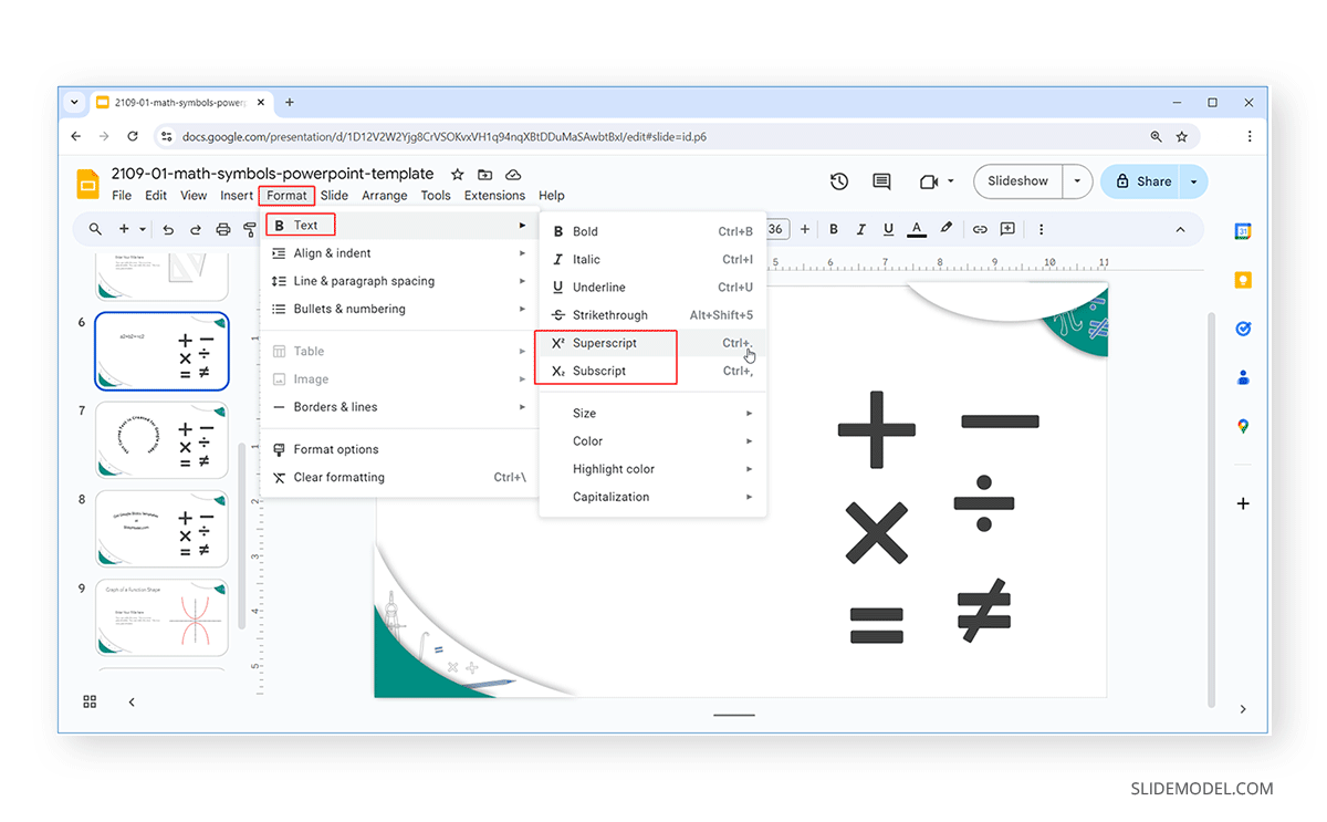 Superscript vs subscript in Google Slides