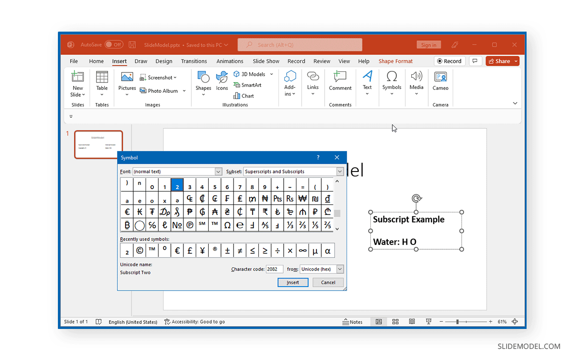 Insérer un symbole d'indice dans PowerPoint