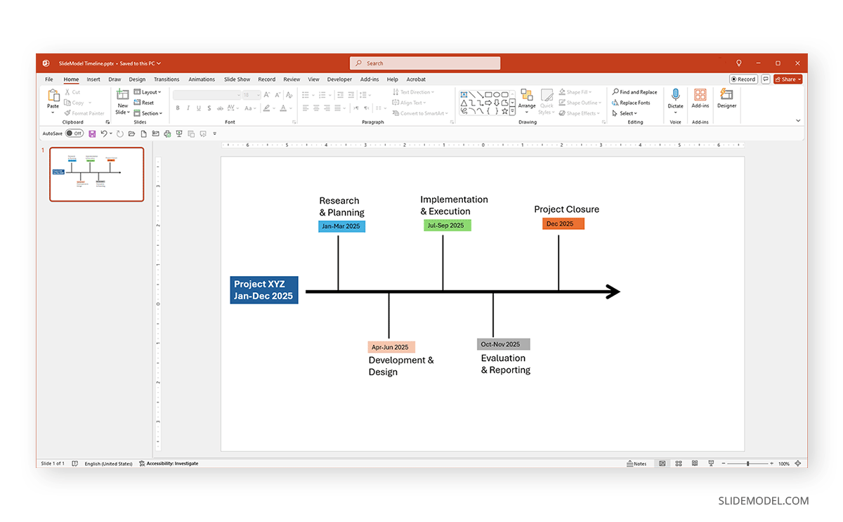 Arrow shaped timeline PPT