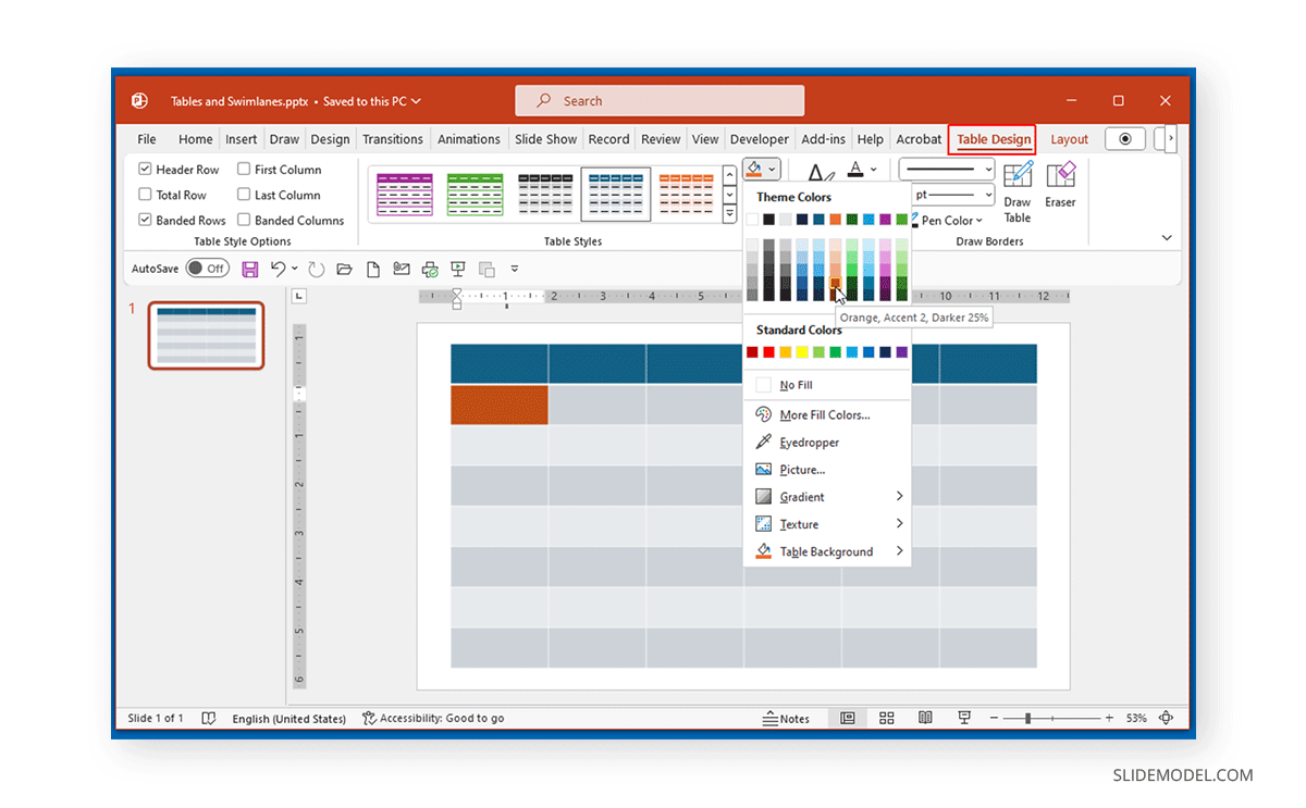 Selecting theme colors for the swimlane diagram