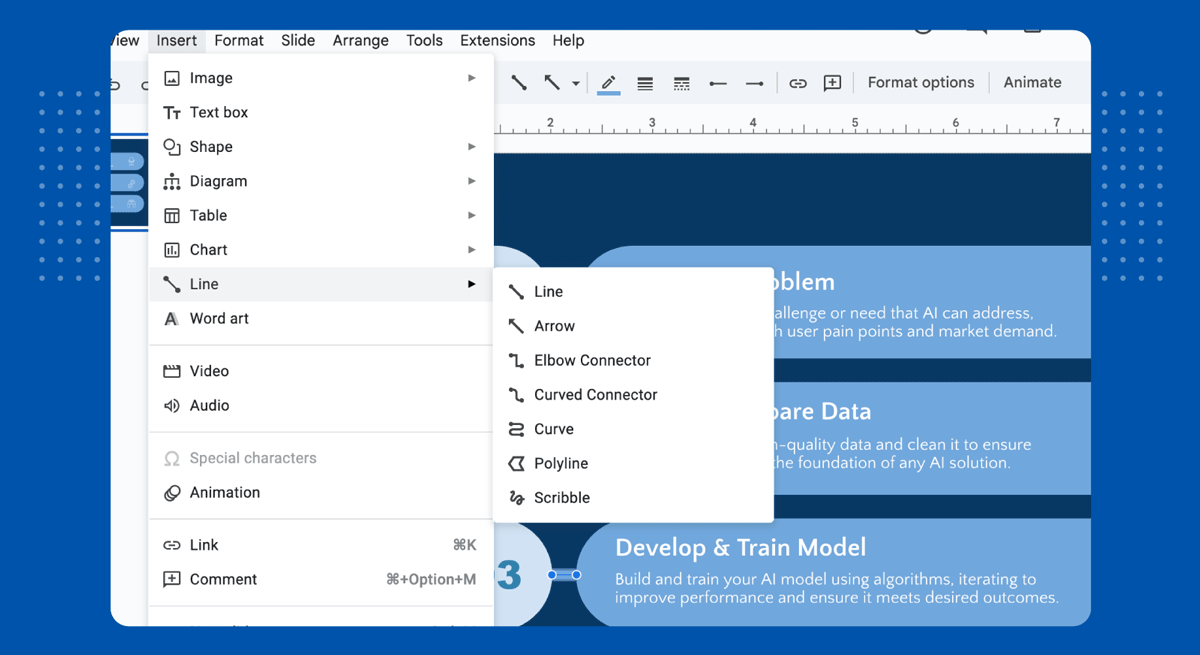 Placing connectors in Google Slides infographic