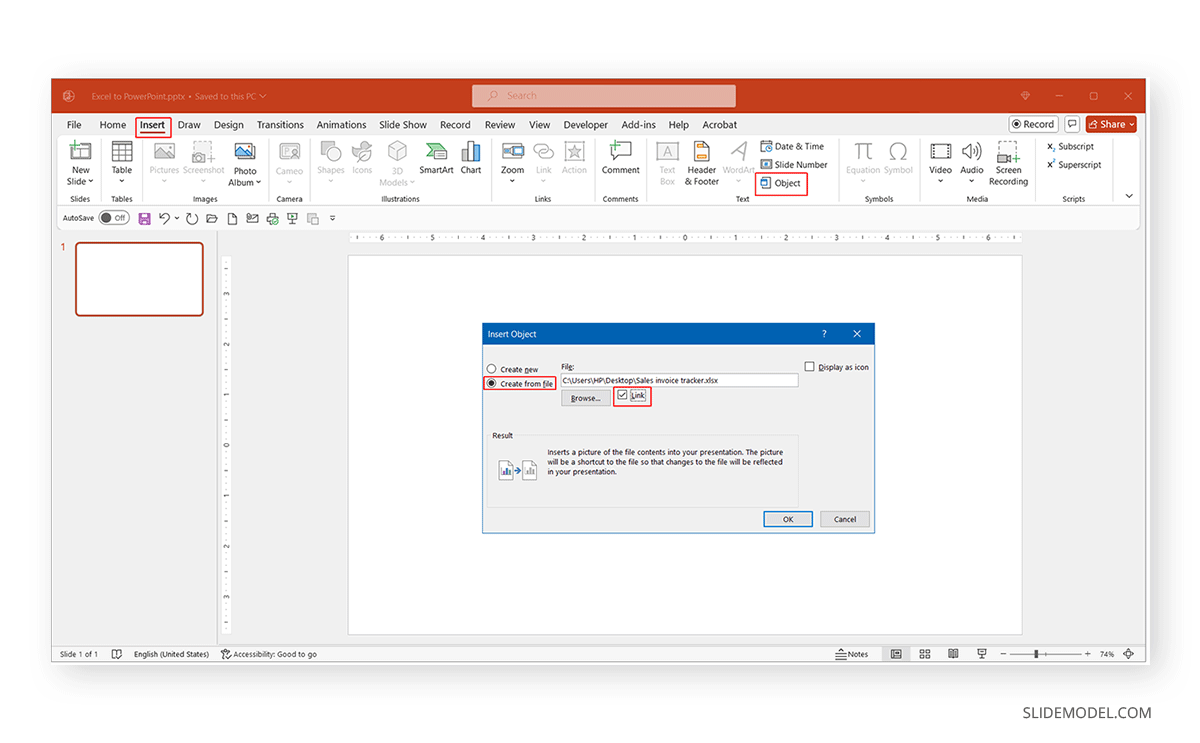 Link Excel document as an object in PowerPoint