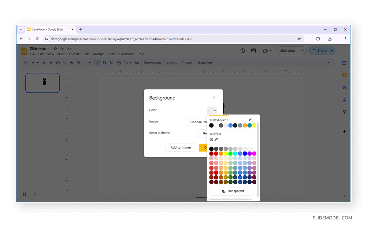 Selecting new background color in Google Slides