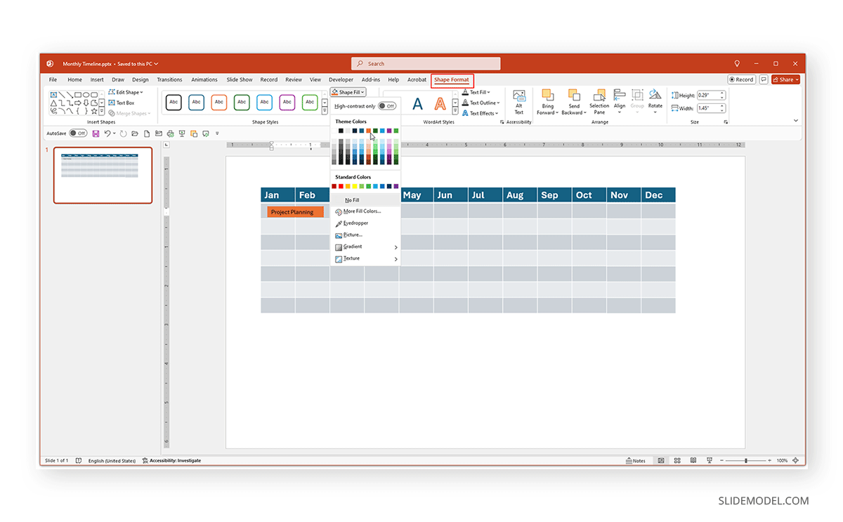 Adding tasks to a calendar timeline in PowerPoint