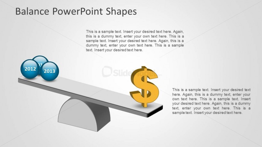 Teeter Totter balancing s Money symbol vs a group of 3D Spheres labeled as Years