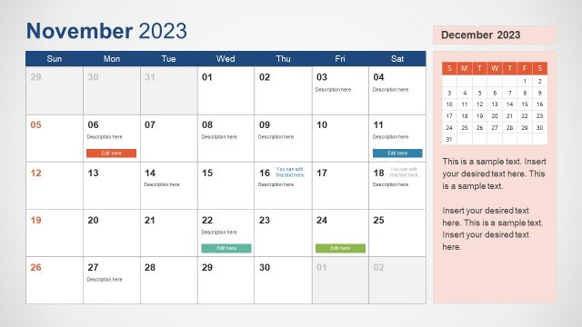 November 2023 Calendar Slide for PowerPoint