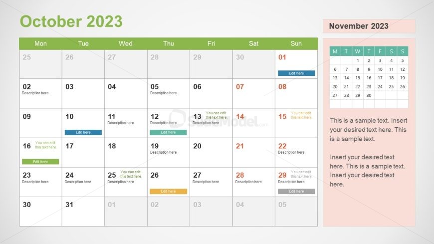 October Month Calendar Slide with Editable Boxes