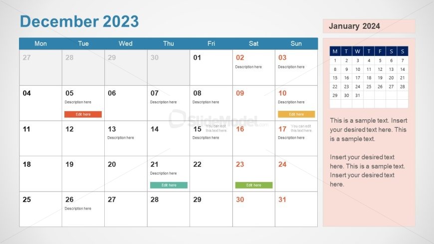 Month December Calendar Slide Template for Presentation