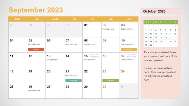 September Month Calendar Slide Template for PowerPoint
