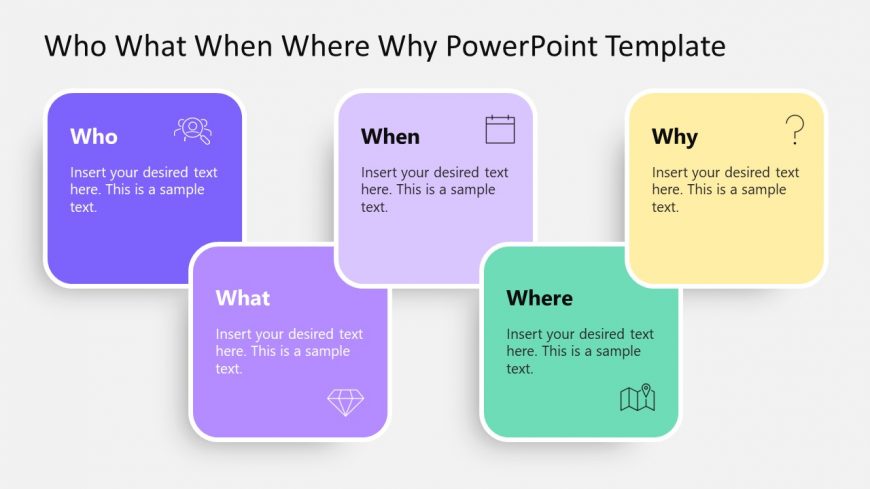 PPT Slide Template with 5 Square Cards Design - 5W Model 