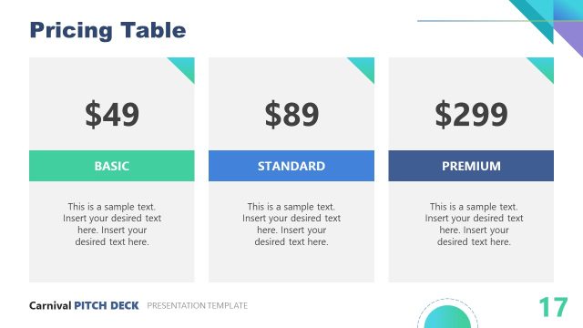 Carnival Pitch Deck PPT Template – Pricing Table Slide