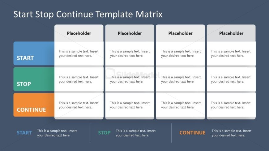 Dark Background 4 Columns Slide for Start Stop Continue Matrix PPT Template 