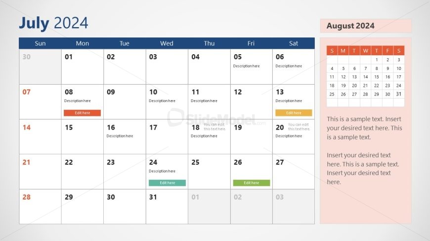 Month of July Slide for Calendar Template