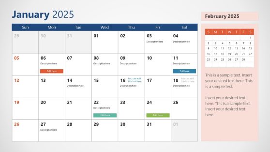 Editable 2025 Calendar With Sunday as First day