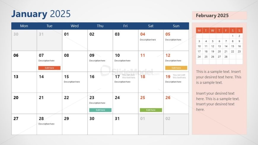 January PPT Slide for 2025 Calendar Template