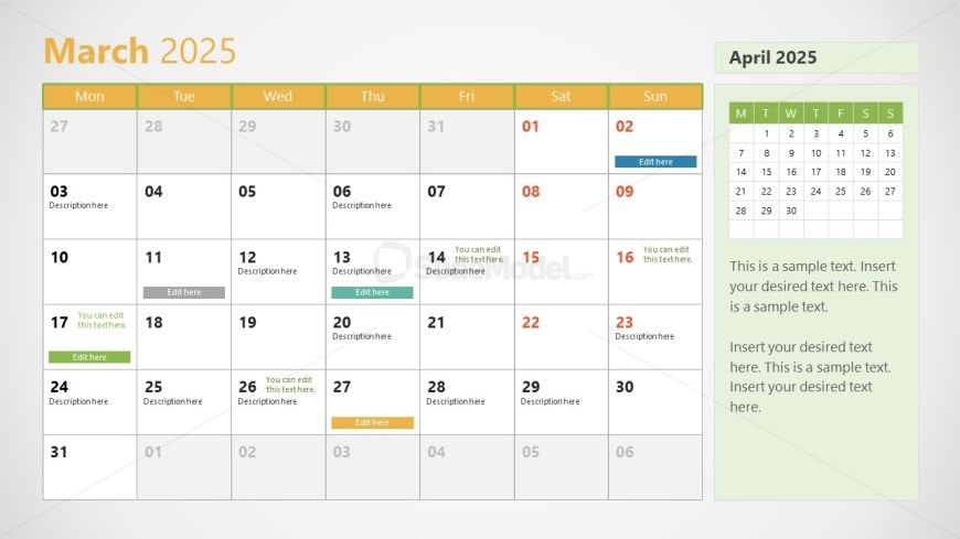 March PPT Slide for 2025 Calendar Template