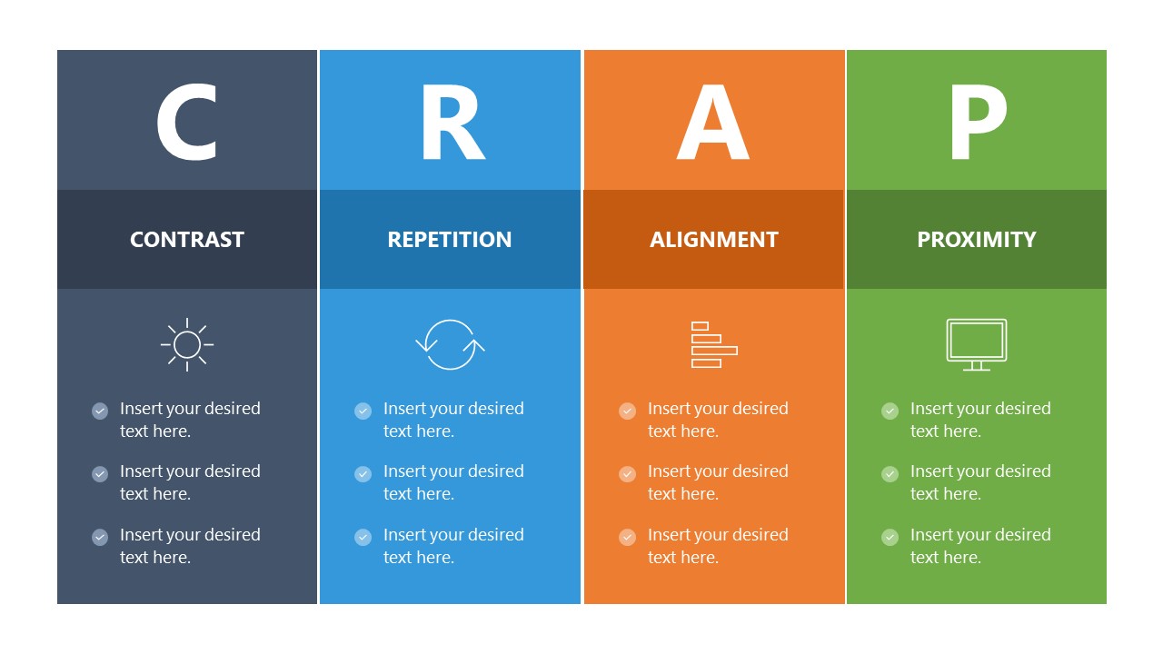 Editable CRAP Principles Slide Template with Creative Elements