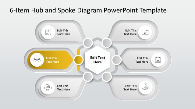 Editable 6-Item Hub & Spoke Diagram PPT Template