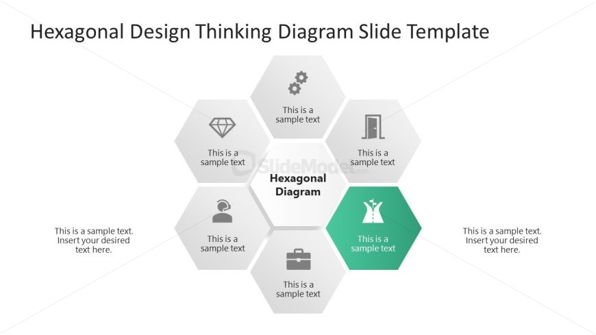 Creative 6-Item Hexagonal Design Thinking Diagram with Spotlight Effect