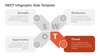 SWOT Infographic Slide Template with four quadrants for Strengths, Weaknesses, Opportunities, and Threats, featuring a spotlight effect.