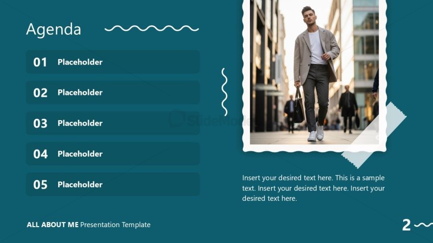 Agenda Slide Template featuring a teal background, numbered list, and a professional image.