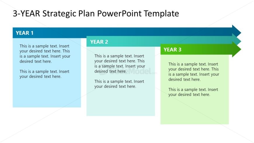 3-Year Strategic Plan Slide Template featuring three sections for Year 1, Year 2, and Year 3, with a clean color scheme and ample text space.